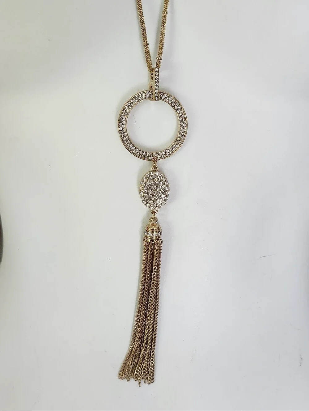 INC International Concepts Gold Tone Circular Crystal Pendant Tassel Necklace